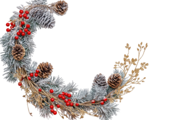 Festive Christmas wreath. Round frame made of conifer branches decorated with cones, artificial red berries and decorative gold snowflakes. Wreath isolated PNG