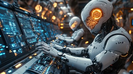 Fototapeta premium Futuristic robots operating advanced technology panels in a high-tech environment