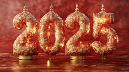Elegant 3D golden number 2025 with traditional Chinese lantern for New Year celebration. High-resolution festive design with red background and auspicious patterns. Luxury Chinese cultural elements fo