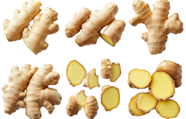 a collection of fresh ginger roots and slices. isolated on a transparent background the ginger is arranged in different configurations. showing the whole root. sliced pieces. and individual segments