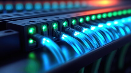 Glowing network cables in server room with green and blue led lights