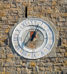 The clock on the bell tower of the Koper Cathedral, Slovene Riviera, Slovenia