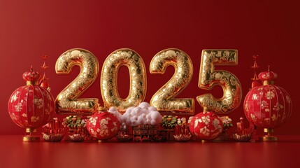 Elegant 3D golden number 2025 with traditional Chinese lantern for New Year celebration. High-resolution festive design with red background and auspicious patterns. Luxury Chinese cultural elements fo