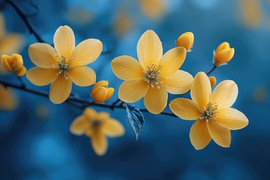A single stem of bright yellow flowers growing on a branch - Powered by Adobe