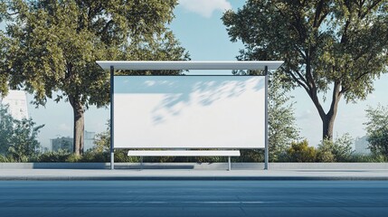 A modern bus shelter featuring a blank advertisement space, surrounded by lush trees under a clear blue sky.