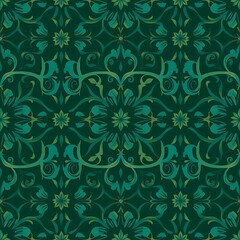 Fototapeta premium Emerald Elegance: A seamless pattern of intricate teal and green floral designs. Perfect for textile design, wallpaper, and surface patterns. 