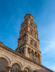 St. Domnius cathedral bell tower towering over the ruins of the peristyle of Diocletian Palace, Split, Croatia