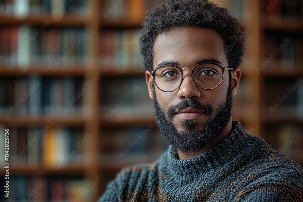 Poster a person with a beard and glasses standing in front of a bookshelf, surrounded by books