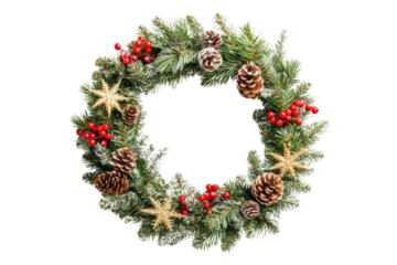 Festive Christmas wreath. Round frame made of conifer branches decorated with cones, artificial red berries and decorative gold snowflakes. Wreath isolated PNG