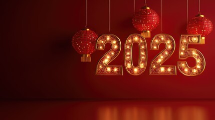 Naklejka premium Elegant 3D golden number 2025 with traditional Chinese lantern for New Year celebration. High-resolution festive design with red background and auspicious patterns. Luxury Chinese cultural elements fo