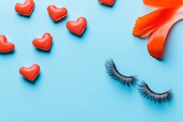 Pair of red hearts and lashes on a blue surface, perfect for Valentine's Day or romantic themes