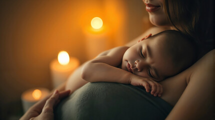 Tender moment of a young mother holding her sleeping baby surrounded by soft candlelight