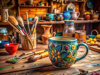 Panoramic Hand-Painted Ceramic Mug, Woodworking Table, Art Studio, Craft Supplies