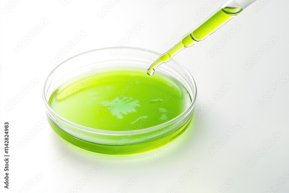 Poster A close-up view of a green liquid in a glass bowl with a pipe attached, suitable for use in science and laboratory settings