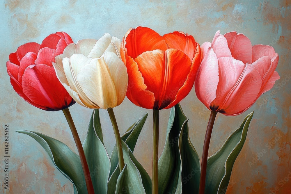 Poster a still life image of three tulips in a decorative vase