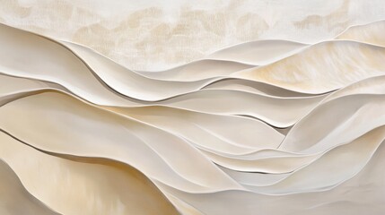 Fototapeta premium Elegant flowing layers of soft beige, desert gold, and pale cream form abstract, wind-sculpted dune-like curves, creating a tranquil, harmonious landscape with smooth, undulating patterns.