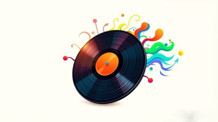 Classic Vinyl Record with Vibrant Rainbow Sound Waves on White Background with Copy Space