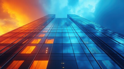 Modern skyscraper reflection under dramatic sunset and blue sky