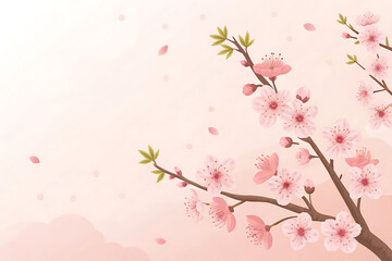 Obraz premium Elegant cherry blossom branch with pink flowers and falling petals on soft background.