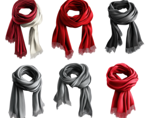 six different colored scarves. red. gray. and white. isolated on a transparent background the scarves are all folded in a similar way. with the ends overlapping they are made of a soft. silky fabric a