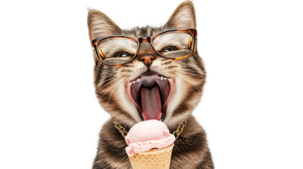 Funny cat with glasses and a gold chain around its neck at the ice cream table opened its mouth wide. Cat is screaming