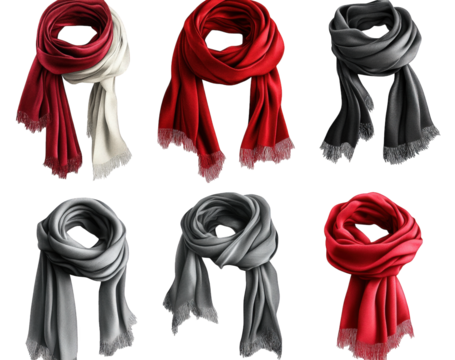 six different colored scarves. red. gray. and white. isolated on a transparent background the scarves are all folded in a similar way. with the ends overlapping they are made of a soft. silky fabric a