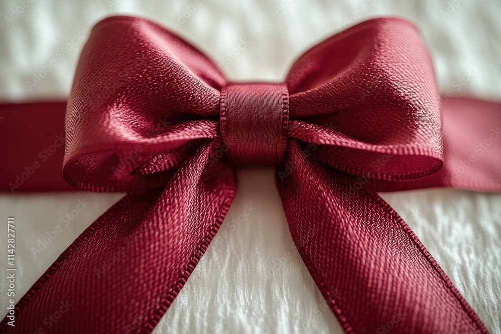 Poster a close-up shot of a bright red bow placed on a bed, suitable for various themes and designs
