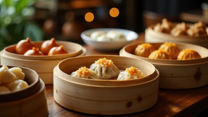 Dim sum delicacies served in bamboo steamers, featuring dumplings, bao buns, and spring rolls on a rustic table