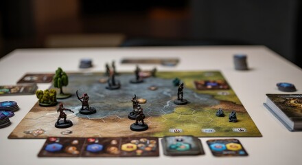 Fantasy board game setup with cards, figures, and tiles on table
