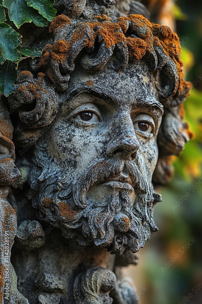 Poster a close-up shot of a statue depicting a man with a long beard, great for use in historical or fantas