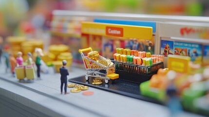 Naklejka premium A busy miniature shopping scene showcasing a diverse crowd with a shopping cart laden with colorful grocery items.