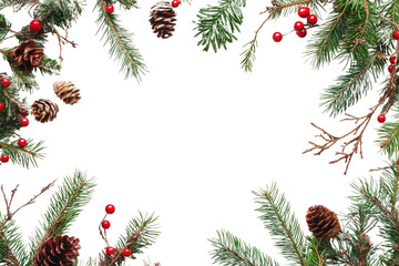 Festive Christmas wreath. Round frame made of conifer branches decorated with cones, artificial red berries and decorative gold snowflakes. Wreath isolated PNG