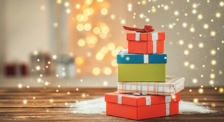 Stack of colorful gift boxes with festive lights on wooden surface