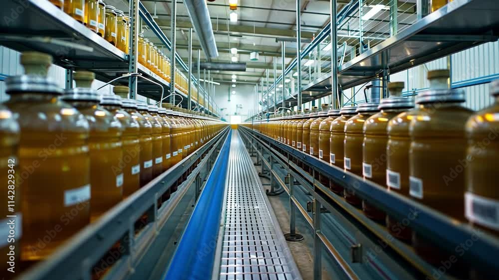 Aufkleber This Bottles filled with a carbonated beverage travel along a production line in a factory setting.