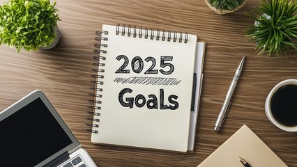 A modern office desk with "2025 Goals" written on a notebook, surrounded by a cup of coffee, a laptop, and motivational quotes, vibrant and professional setup