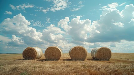 A serene landscape featuring hay bales under a blue sky with fluffy clouds.