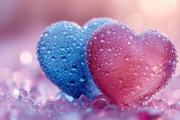 Obraz premium A pair of hearts sitting on top of a pile of ice, perfect for winter-themed designs and romantic occasions