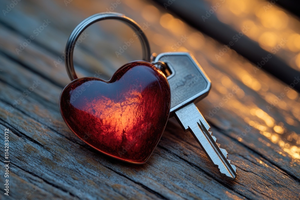 Poster a small red heart-shaped keychain sits atop a wooden table, awaiting use or display