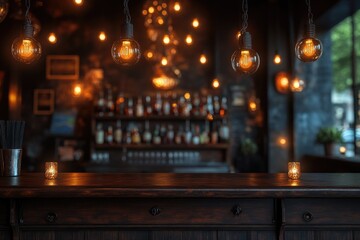 A bar with many lights hanging from the ceiling, ideal for parties or events