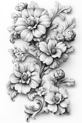 A still life of various flowers arranged on a white background