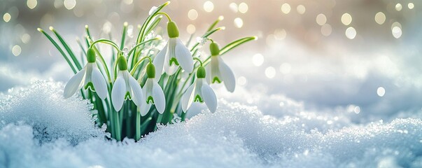 The first spring flowers snowdrops grow from under the snow. Early spring. Background, wallpaper, banner, poster.