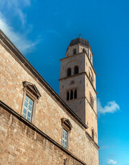 Bellfry tower of the Franciscan Monastery church, Stradun (Placa), Dubrovnik, Dalmatian Coast, Croatia