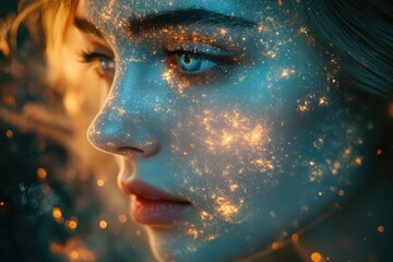 Close-up shot of a woman's face with glitter makeup and sparkly eyes, ideal for beauty and cosmetics advertising or promotional use
