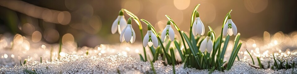 The first spring flowers snowdrops grow from under the snow. Early spring. Background, wallpaper, banner, poster.