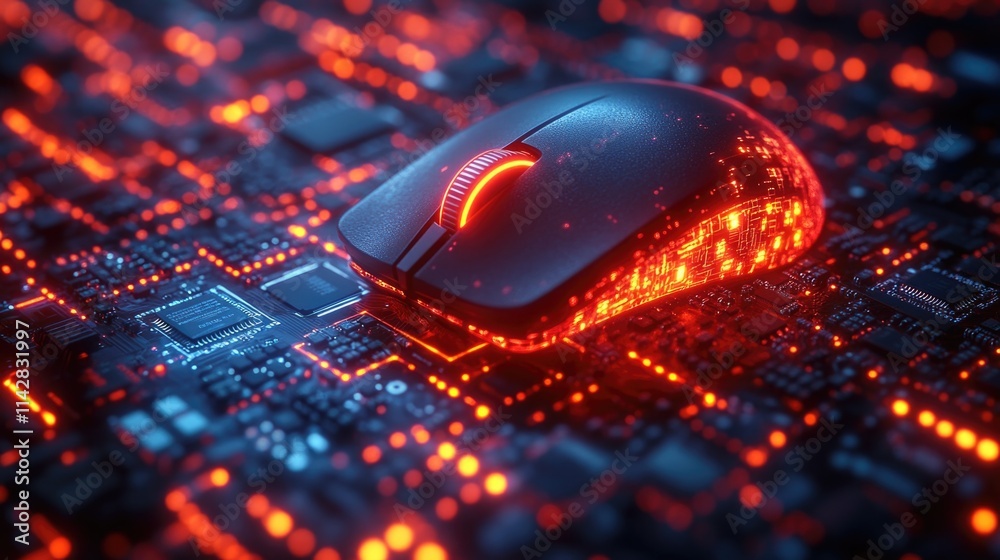 Poster A computer mouse placed on top of an electronic circuit board, suitable for tech-related illustrations and designs