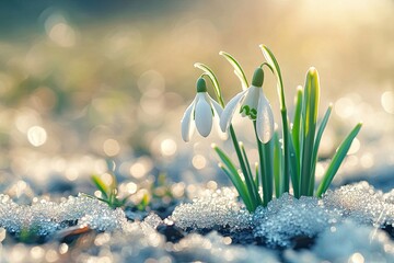 The first spring flowers snowdrops grow from under the snow. Early spring. Background, wallpaper, banner, poster.