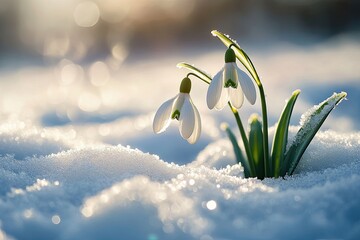 The first spring flowers snowdrops grow from under the snow. Early spring. Background, wallpaper, banner, poster.