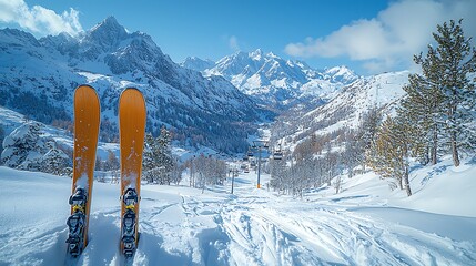 A set of skis and poles standing upright in the snow, with a chairlift and mountains in the background. 