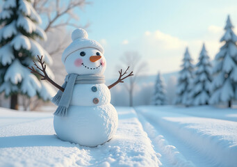 Obraz premium cheerful snowman stands alone serene snowy landscape surrounded frosty trees soft blue winter