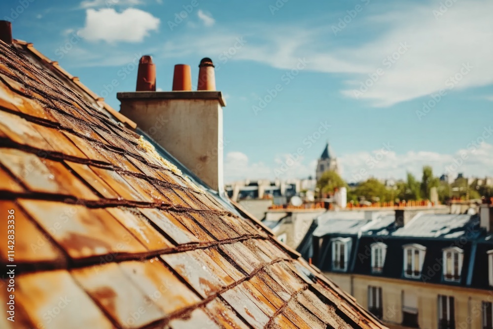 Poster Image of a building roof with a clock tower in the background, suitable for use in architectural or cityscape designs